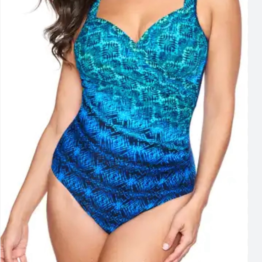 Miraclesuit Ocean Ombre It`s A Wrap One Piece Women's Swimsuit SZ:14DD NWT